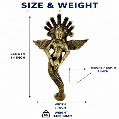 A brass-colored winged female deity door handle with dimension annotations showing a length of 14 inches, width of 7 inches, height of 3 inches, and weight of 1400 grams on a white background.
