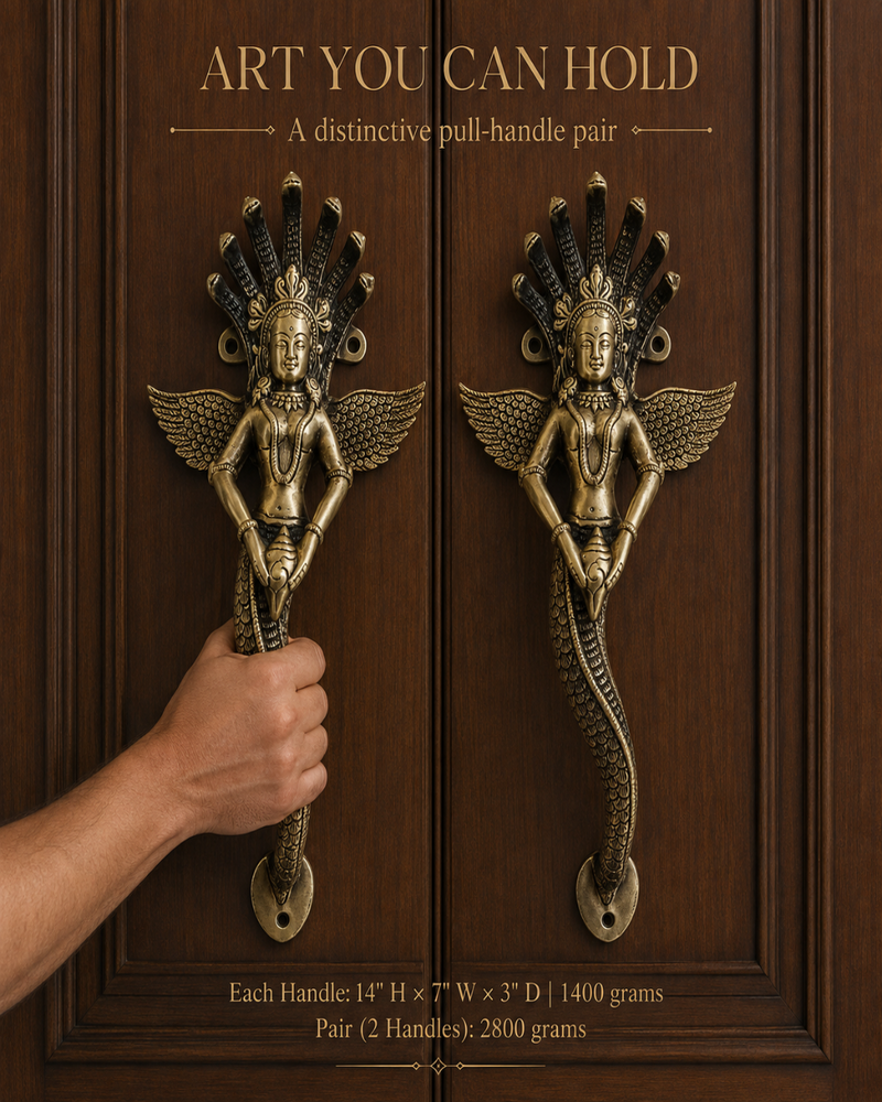 Premium Naag Kanya Brass Door Handle Pair – Antique Finish, 14" Handcrafted Pull | The Indian Aura