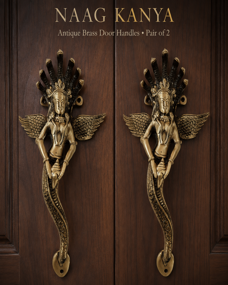 A pair of antique brass door handles shaped like the Hindu goddess Naag Kanya, mounted on dark brown wooden doors. The text 'NAAG KANYA' and 'Antique Brass Door Handles • Pair of 2' is displayed at the top.