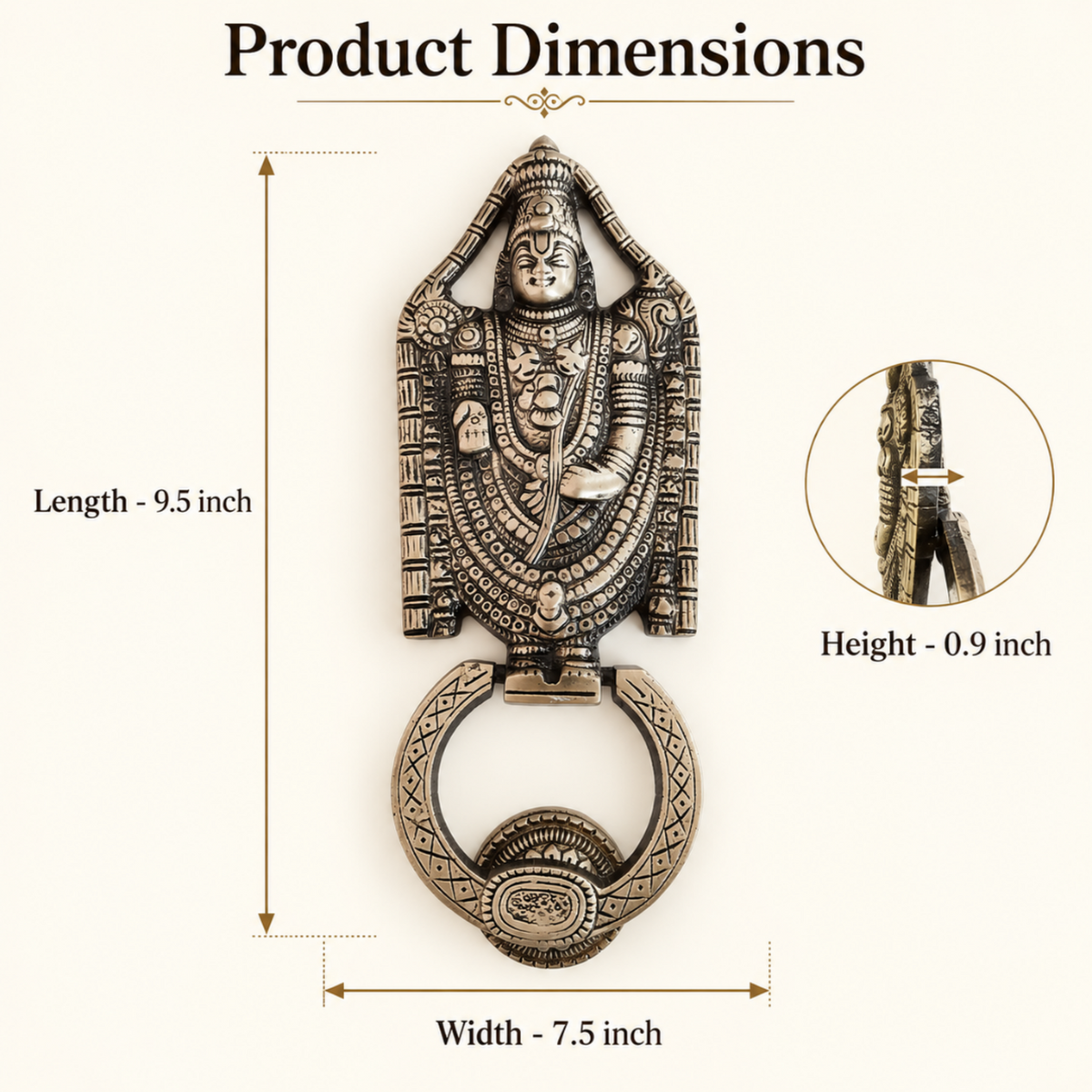 Product dimensions diagram for an ornate metal door knocker featuring a deity figure and a ring pull, with labeled measurements of 9.5 inch length, 7.