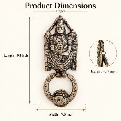 Product dimensions diagram for an ornate metal door knocker featuring a deity figure and a ring pull, with labeled measurements of 9.5 inch length, 7.