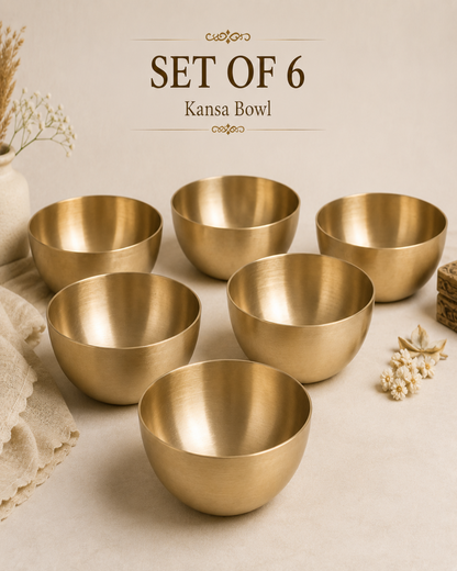 Six brushed brass Kansa bowls arranged on a beige fabric surface with decorative dried flowers and a cloth. Text at the top reads 'SET OF 6 Kansa Bowl'.