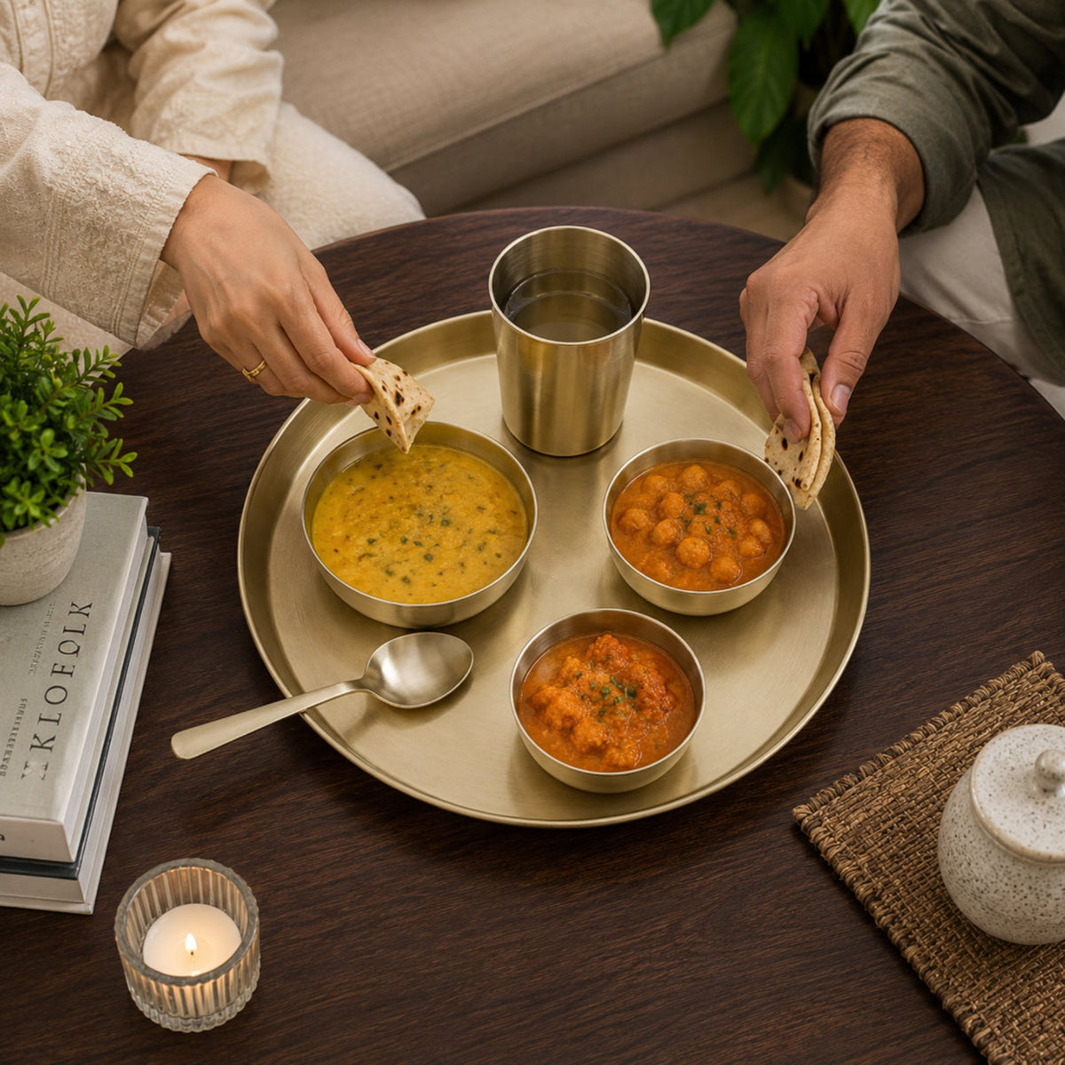 Three bowls of soup on a tray with two hands holding flatbread, a candle, and books in the background.