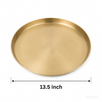Gold round tray with measurement label on a white background
