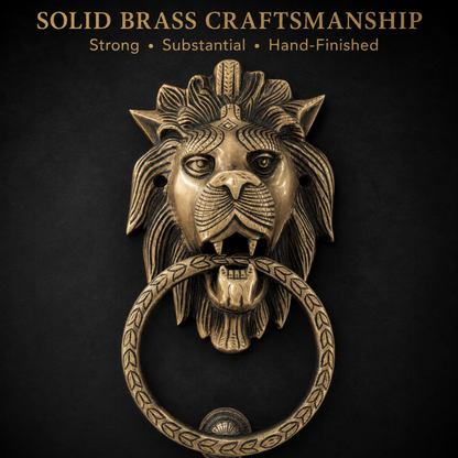 Solid brass lion head door knocker with a decorative ring pull, shown on a dark textured background with the text 'SOLID BRASS CRAFTSMANSHIP Strong • Substantial • Hand-Finished' at the top.
