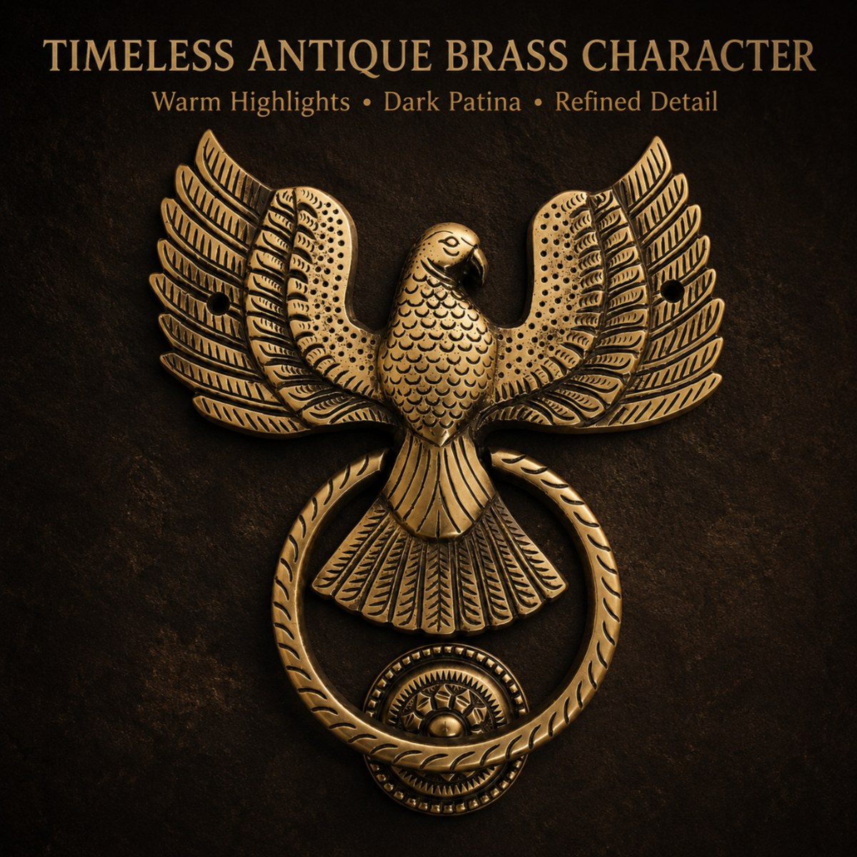 An ornate antique brass eagle emblem with wings spread over a circular ring, shown on a dark textured background with the text 'TIMELESS ANTIQUE BRASS CHARACTER' at the top.