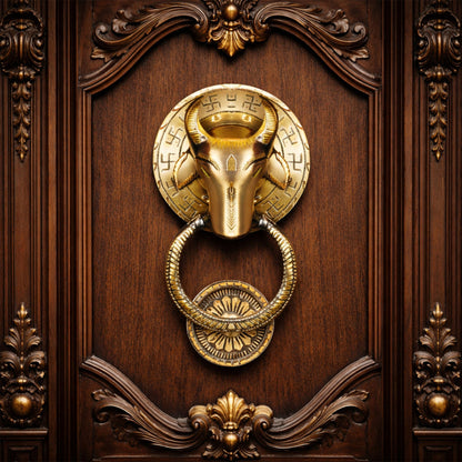 Decorative gold door knocker on a wooden door with intricate carvings