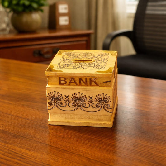 The Indian Aura Handmade Wooden Piggy Bank with Lock and Key