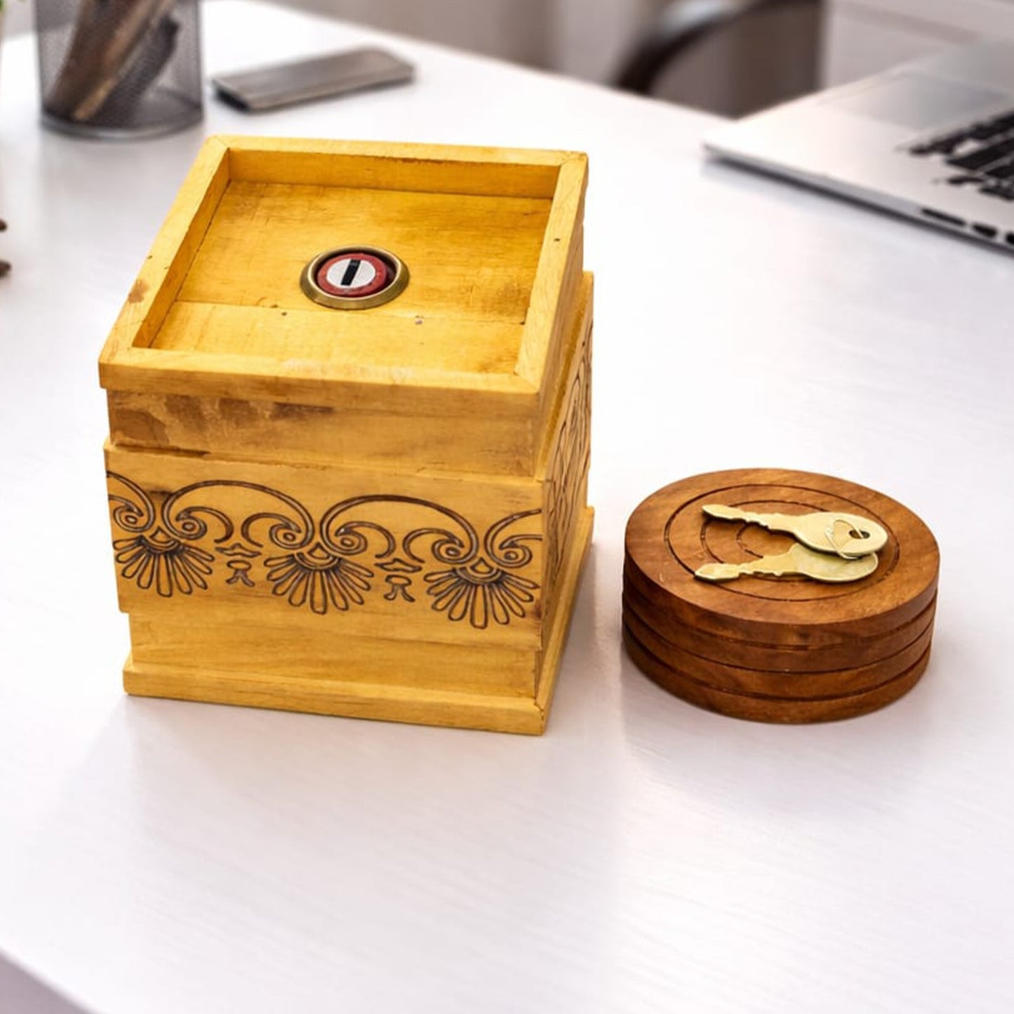 The Indian Aura Handmade Wooden Piggy Bank with Lock and Key