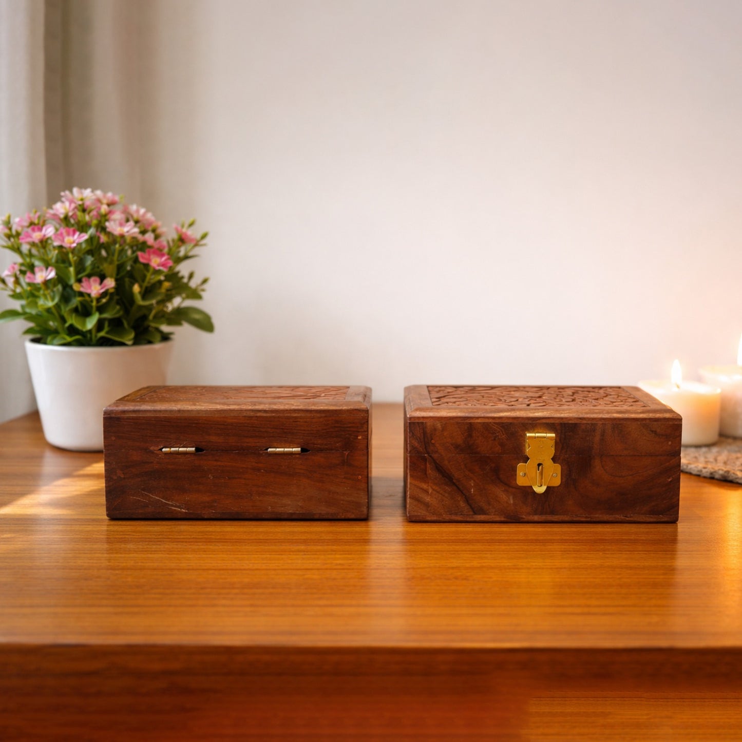 Handmade Wooden Jewellery Box with Floral Carving with Velvet Lined interior