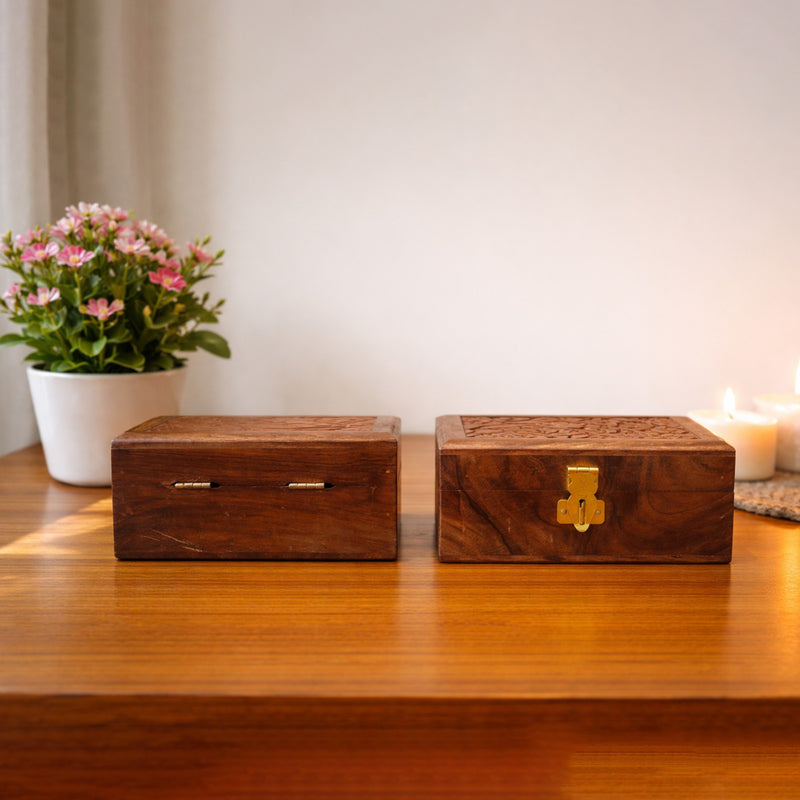 Handmade Wooden Jewellery Box with Floral Carving with Velvet Lined interior