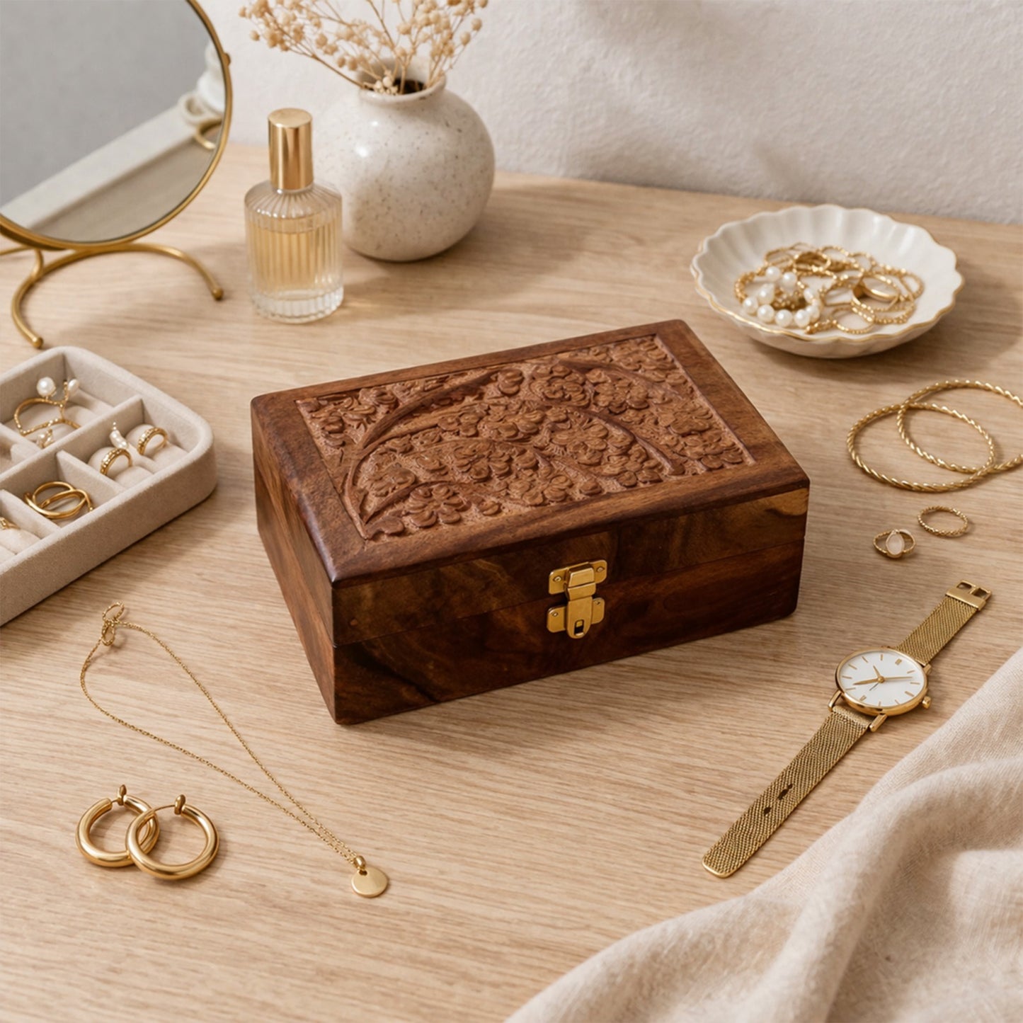 Handmade Wooden Jewellery Box with Floral Carving with Velvet Lined interior