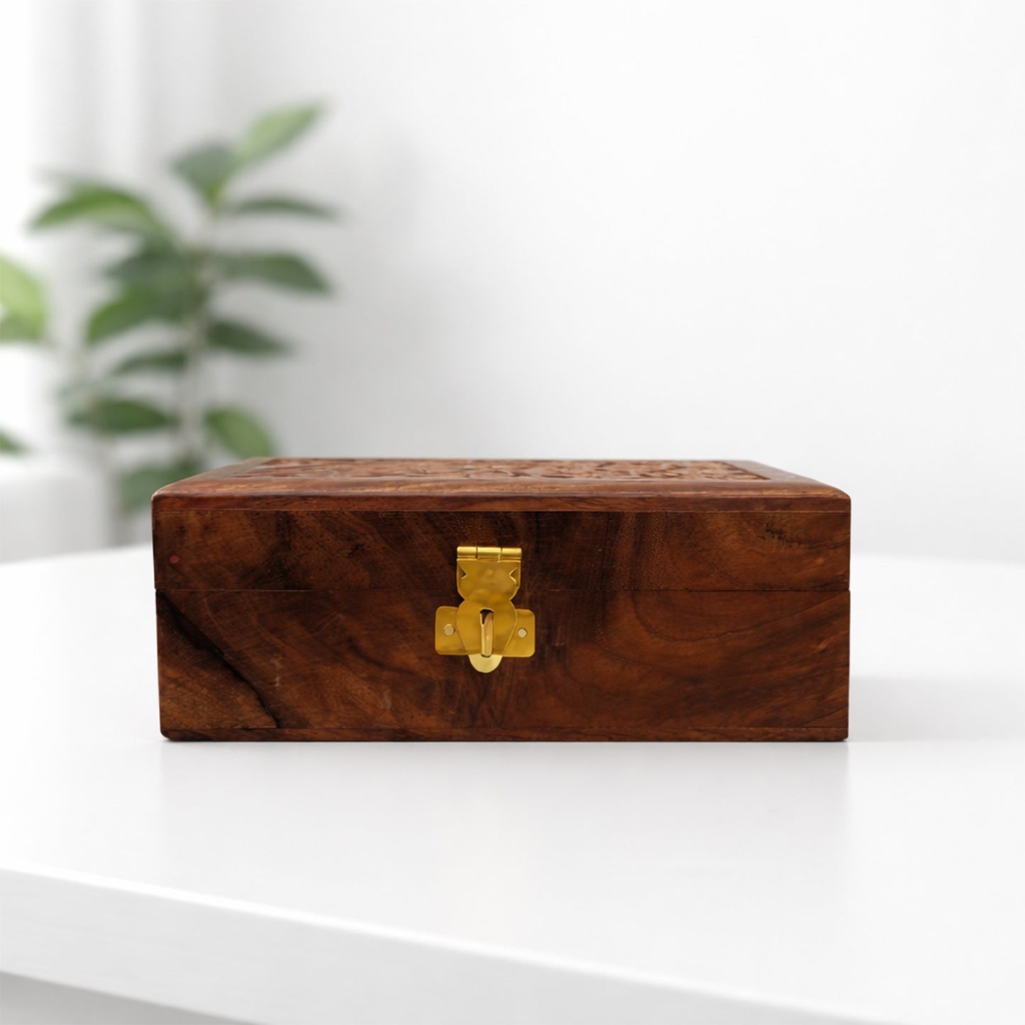 Handmade Wooden Jewellery Box with Floral Carving with Velvet Lined interior