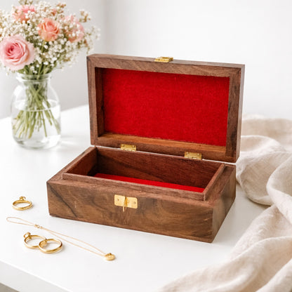 Handmade Wooden Jewellery Box with Floral Carving with Velvet Lined interior