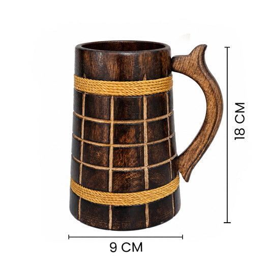 Handcrafted Wooden Beer Mug | Rustic Brown Wooden Tankard with Grid Design | Vintage Wooden Coffee Mug for Beer, Tea, Coffee & Juice