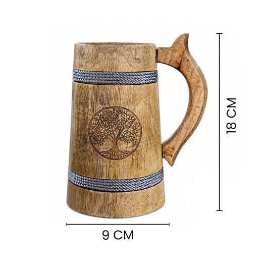 Handcrafted Natural Wooden Beer Mug | Tree of Life Engraved Wooden Tankard | Rustic Coffee Mug | Wooden Beer Stein for Beer, Tea & Juice