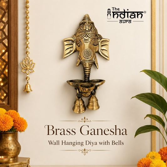 Brass Ganesha Wall Hanging Diya with Bells – Antique Finish Pure Brass Decorative Oil Lamp for Home & Temple