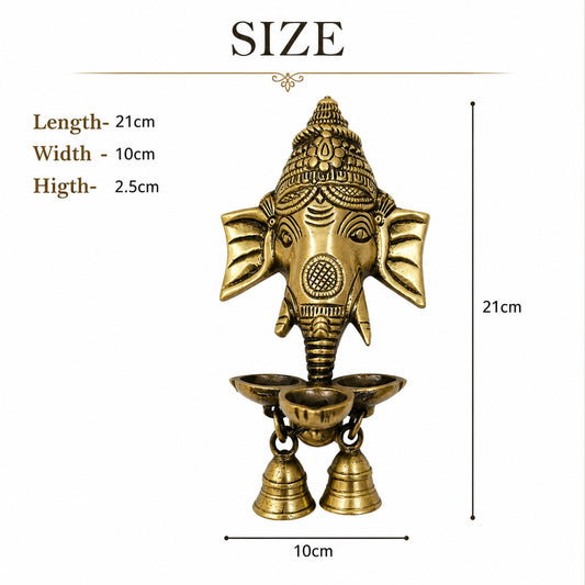 Brass Ganesha Wall Hanging Diya with Bells – Antique Finish Pure Brass Decorative Oil Lamp for Home & Temple