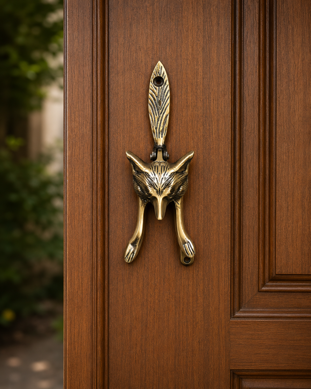 Decorative brass fox door knocker on a wooden door