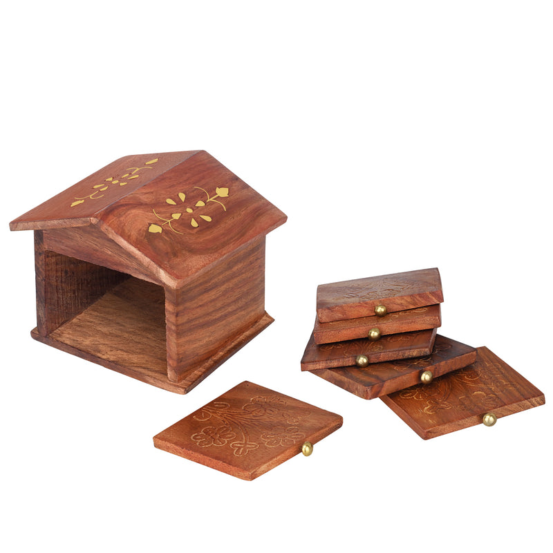Rustic Hut Sheesham Wood Table Coaster Set (Set of 6)| The Indian Aura