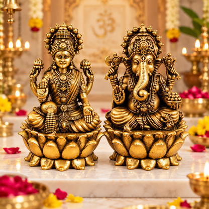Antique Brass Laxmi Ganesh Idol Set for Home Temple, Pooja Room & Mandir | Handcrafted Laxmi Ganesh Statues for Home Décor & Office Desk | Diwali, Housewarming & Spiritual Gift | The Indian Aura