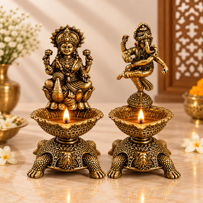 Pure Brass Laxmi Ganesha Pair Diya Oil Lamp Holder | Antique Gold Finish, Diya, Vastu Show piece, Puja Room Decor | The Indian Aura