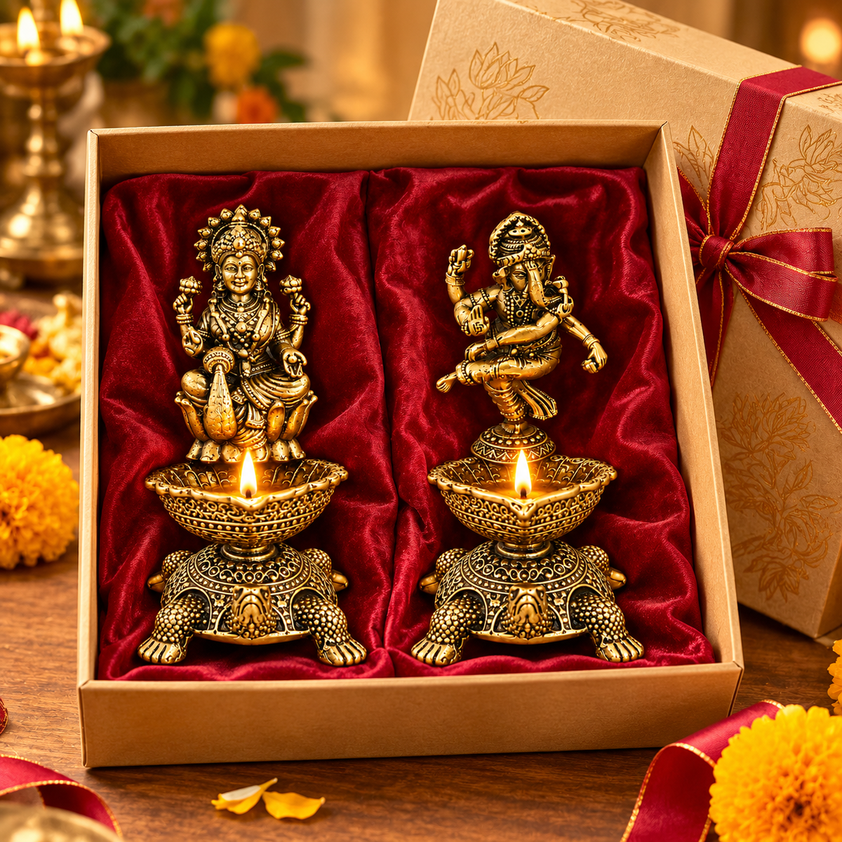 The Indian Aura Pure Brass Laxmi Ganesha Pair Diya Oil Lamp Holder For Gifting | Premium Religious Gift for Housewarming, Wedding, Diwali, Dhanteras & Anniversary | Antique Gold Finish, Traditional Pooja Room & Home Temple Decor