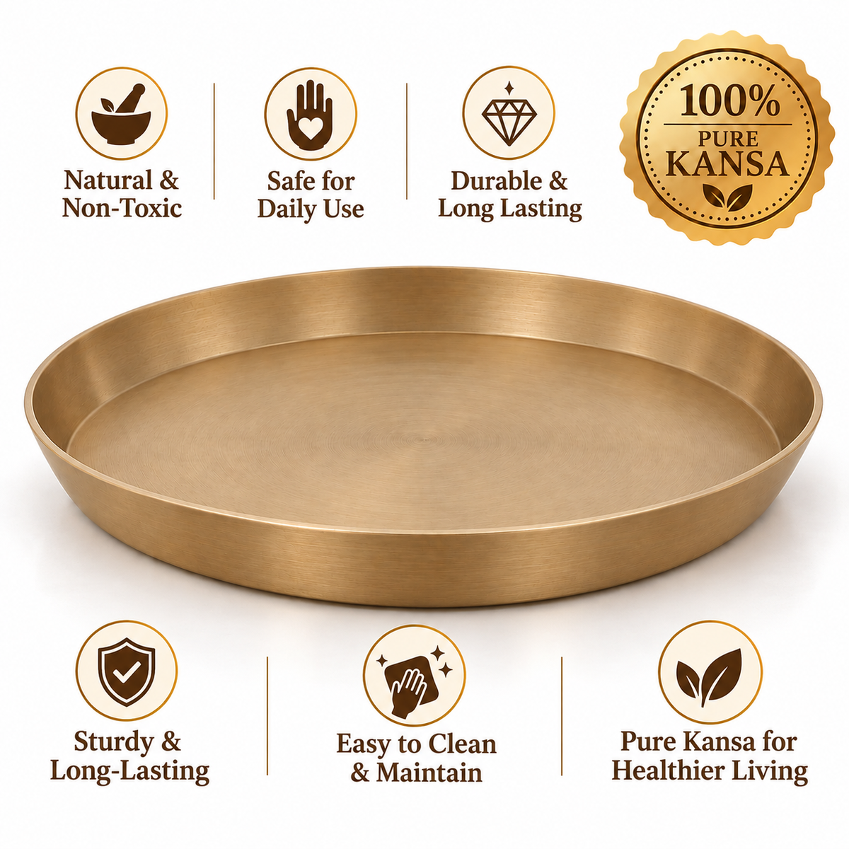 Pure Kansa Thali 13.5 Inch | Traditional Indian Dinner Plate with Premium Matte Finish | Diwali Gift for Family & Loved Ones | Festive Gifting | Single & Pair Set