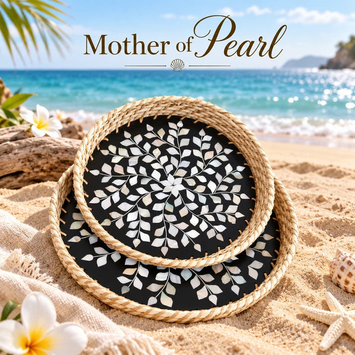 Handcrafted Mother of Pearl Round Black Tray Set of 2 | Woven Natural Rim Decorative Serving Trays for Home Décor, Jewellery Storage, Pooja & Gifting | 10.7 & 12.5 Inch