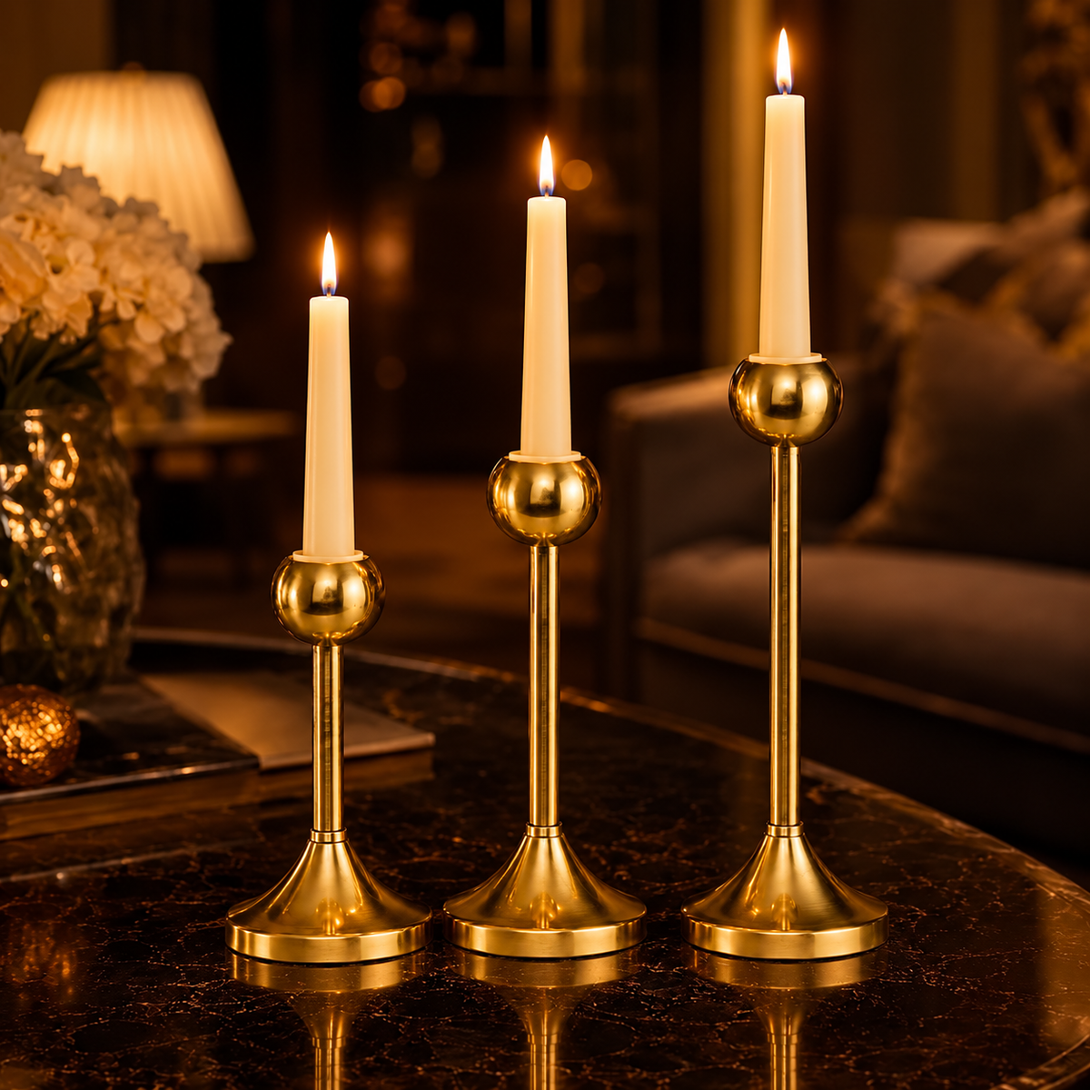 Modern Gold Metal Taper Candle Holder Stand Set of 3 – Graduated Heights | The Indian Aura