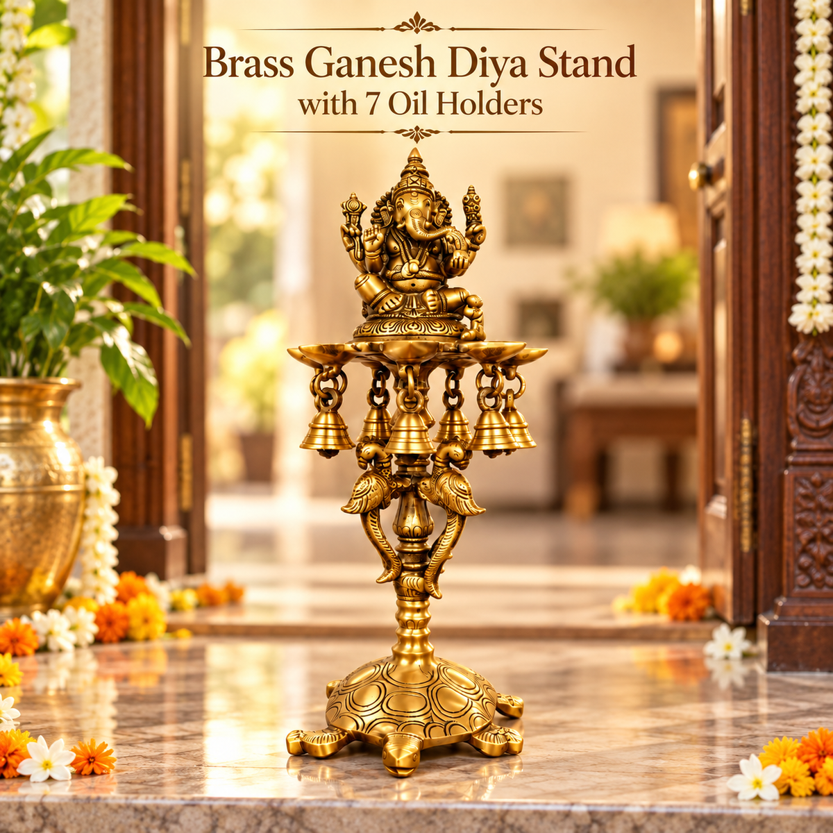 Brass Ganesh Diya Stand with 7 Oil Holders | Antique Finish Pooja Lamp with Hanging Bells, Peacock Design & Tortoise Base for Home Temple, Decor & Gifting | The Indian Aura