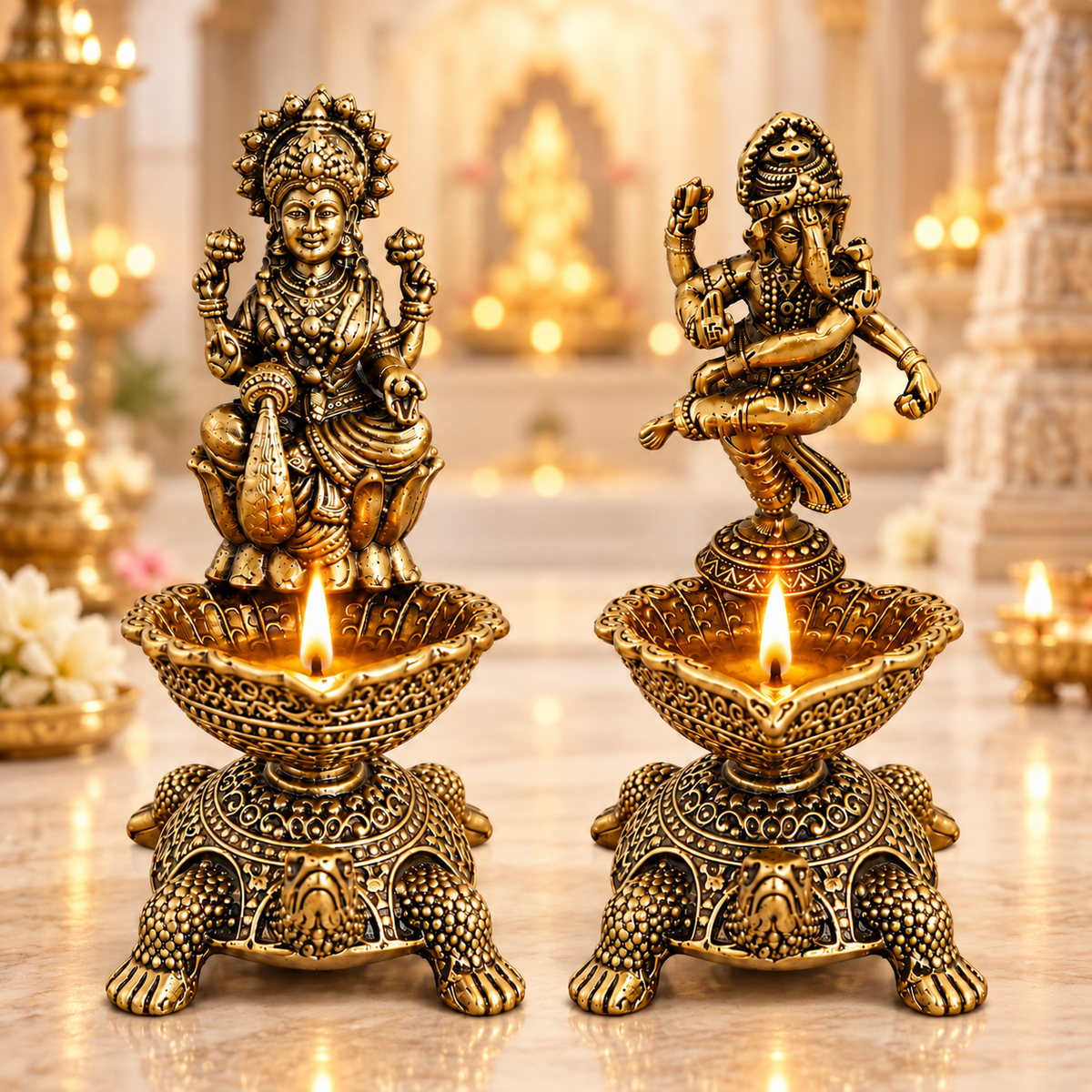 The Indian Aura Pure Brass Laxmi Ganesha Pair Diya Oil Lamp Holder For Gifting | Premium Religious Gift for Housewarming, Wedding, Diwali, Dhanteras & Anniversary | Antique Gold Finish, Traditional Pooja Room & Home Temple Decor