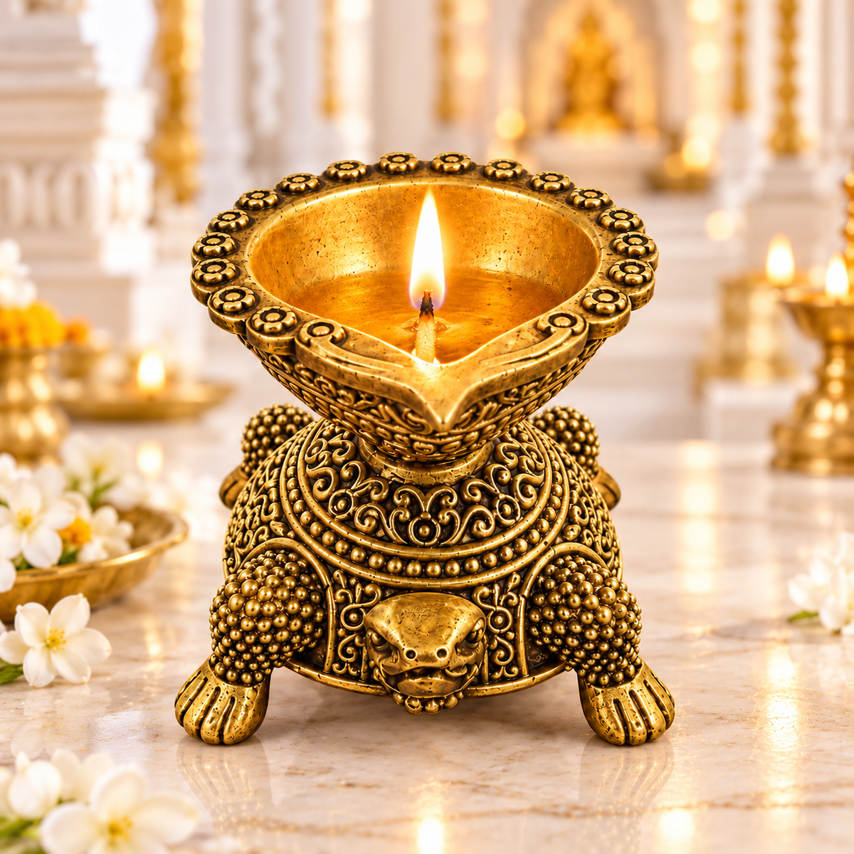 Handcrafted Antique Brass Turtle Diya for Pooja | Traditional Brass Tortoise Oil Lamp | Kachua Deepak for Mandir, Home Decor, Diwali & Vastu | The Indian Aura