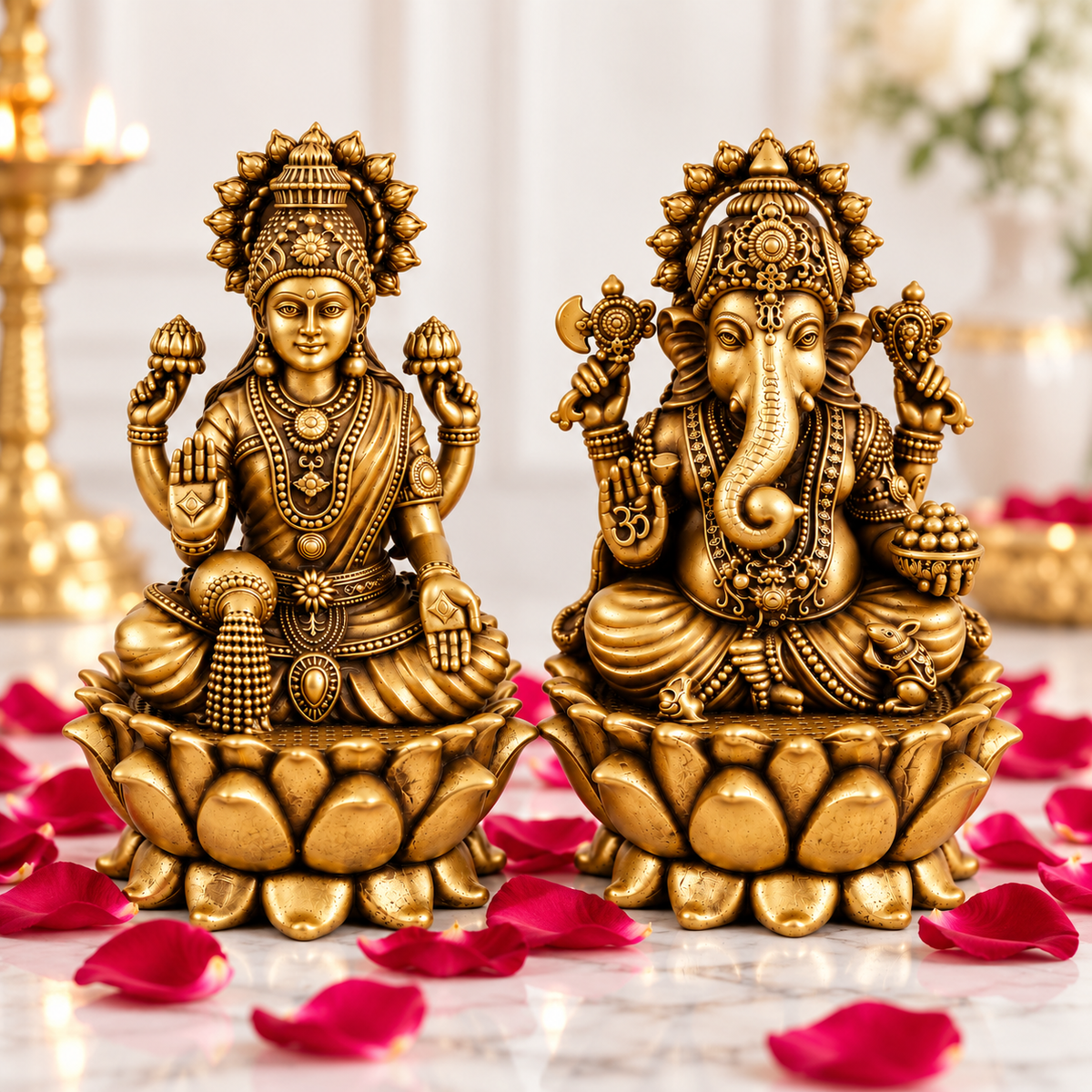 Antique Brass Laxmi Ganesh Idol Set for Home Temple, Pooja Room & Mandir | Handcrafted Laxmi Ganesh Statues for Home Décor & Office Desk | Diwali, Housewarming & Spiritual Gift | The Indian Aura