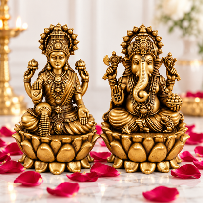 Antique Brass Laxmi Ganesh Idol Set for Home Temple, Pooja Room & Mandir | Handcrafted Laxmi Ganesh Statues for Home Décor & Office Desk | Diwali, Housewarming & Spiritual Gift | The Indian Aura