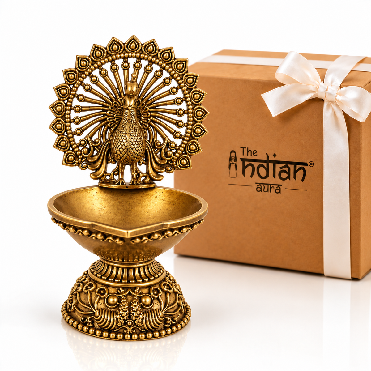 The Indian Aura Antique Brass Peacock Diya with Gift Box | Traditional Decorative Oil Lamp for Diwali Gifts, Wedding, Housewarming, Return Gifts & Festive Gifting | Pooja Room & Home Temple Décor