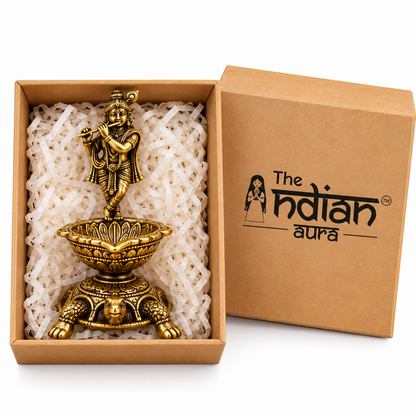 The Indian Aura Pure Brass Lord Krishna Diya with Tortoise Base For Gifting | Premium Traditional Gift for Housewarming, Wedding, Diwali, Janmashtami & Anniversary | Antique Finish, 8.8 cm Height, Pooja Deepam Oil Lamp