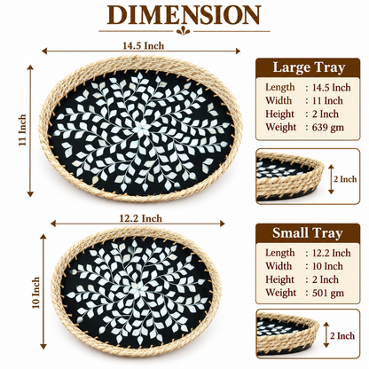 Handcrafted Mother of Pearl Oval Black Tray Set of 2 with Natural Jute Border – Decorative, Serving & Gifting Trays