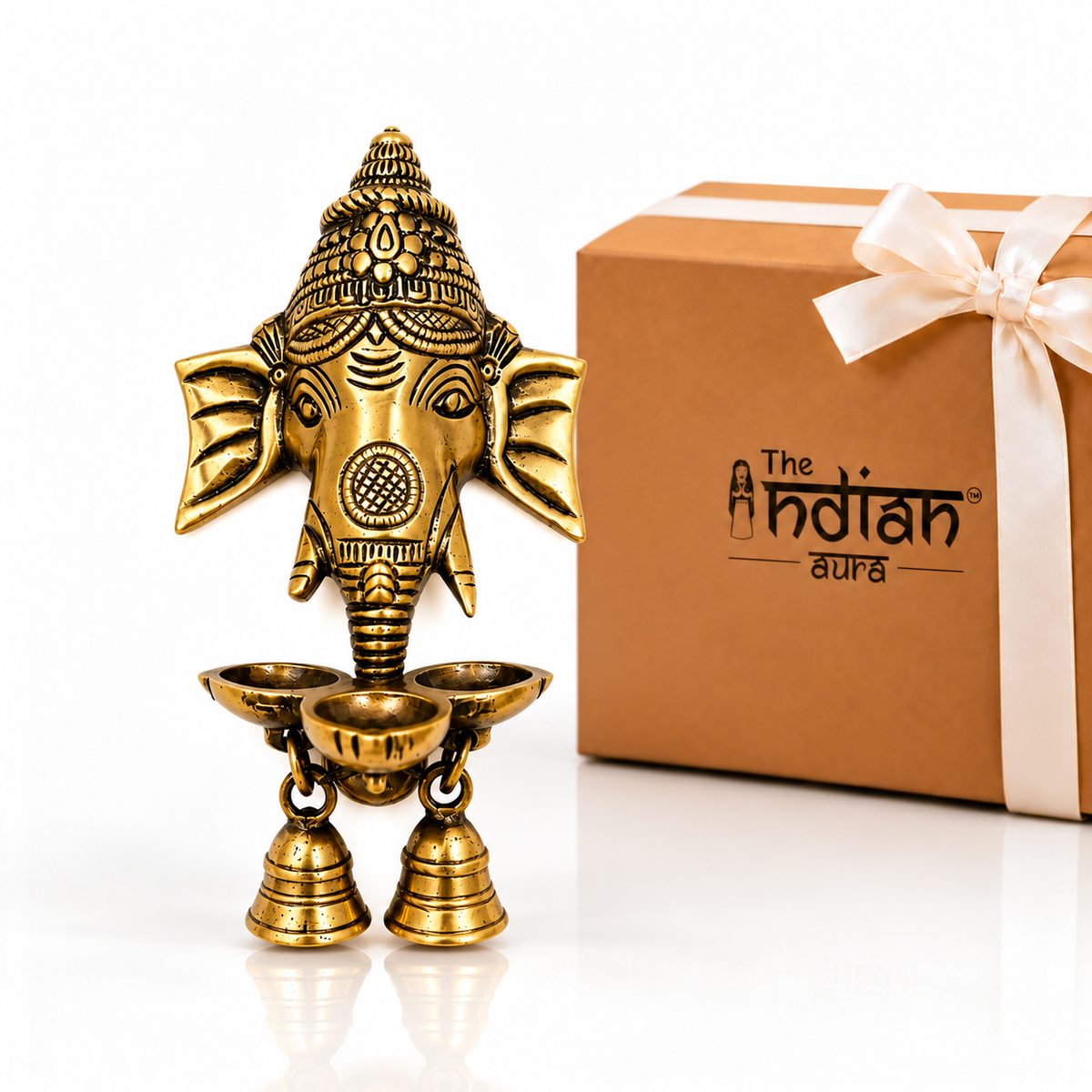 The Indian Aura Brass Ganesha Diya Gift Set with Premium Gift Box | Antique Finish Wall Hanging Diya with Bells for Diwali Gifts, Wedding Gifts, Housewarming, Return Gifts & Festive Gifting | Pooja Room & Home Décor