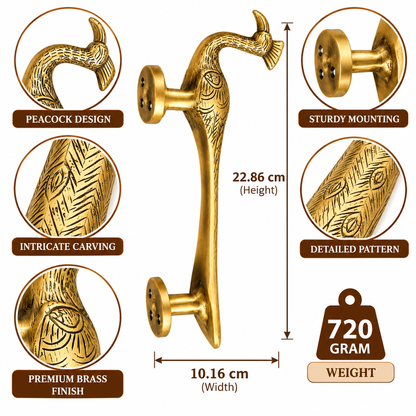 Handcrafted Peacock Brass Door Handle Pair – Antique Gold Finish, Elegant Traditional Design for Main Door.