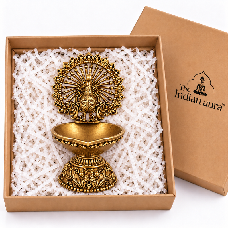 The Indian Aura Antique Brass Peacock Diya with Gift Box | Traditional Decorative Oil Lamp for Diwali Gifts, Wedding, Housewarming, Return Gifts & Festive Gifting | Pooja Room & Home Temple Décor