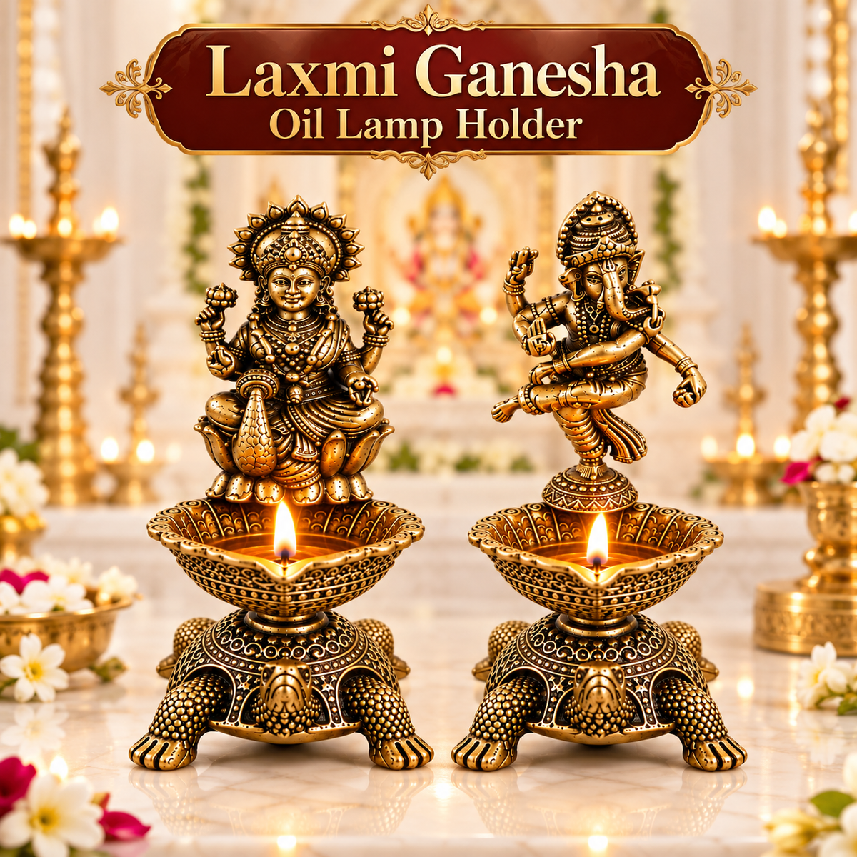 Pure Brass Laxmi Ganesha Pair Diya Oil Lamp Holder | Antique Gold Finish, Diya, Vastu Show piece, Puja Room Decor | The Indian Aura