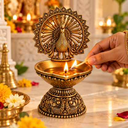 Antique Brass Peacock Diya  for Pooja Room, Mandir & Home Temple Décor | Traditional Oil Lamp for Diwali, Puja & Gifting| The Indian Aura