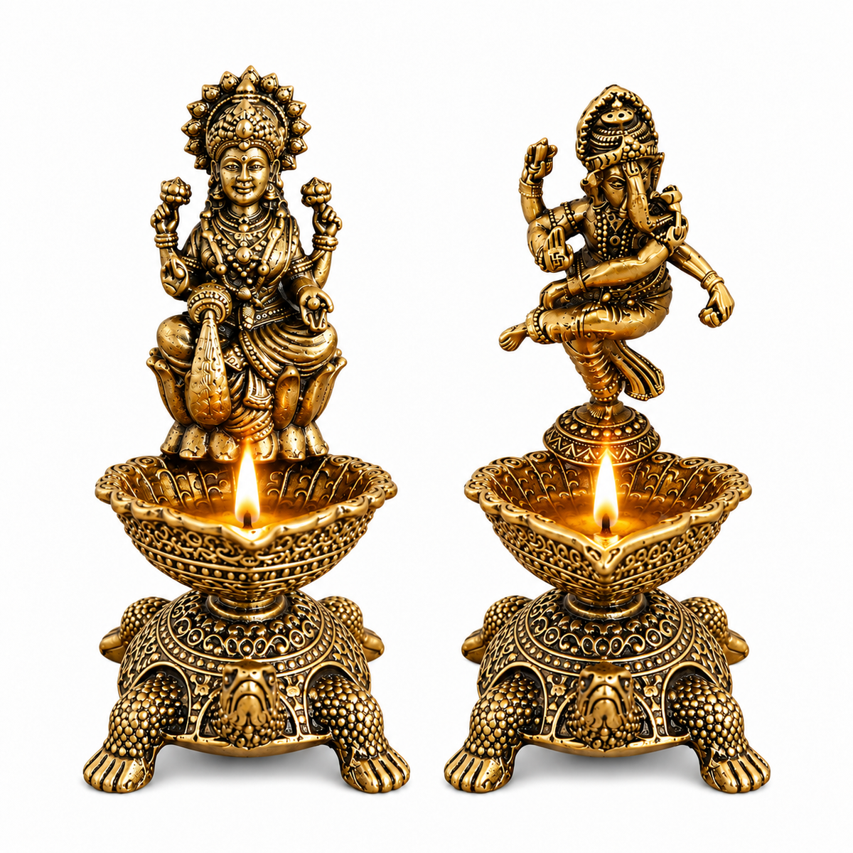The Indian Aura Pure Brass Laxmi Ganesha Pair Diya Oil Lamp Holder For Gifting | Premium Religious Gift for Housewarming, Wedding, Diwali, Dhanteras & Anniversary | Antique Gold Finish, Traditional Pooja Room & Home Temple Decor