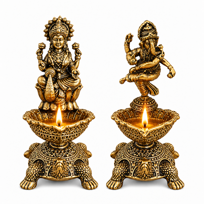 The Indian Aura Pure Brass Laxmi Ganesha Pair Diya Oil Lamp Holder For Gifting | Premium Religious Gift for Housewarming, Wedding, Diwali, Dhanteras & Anniversary | Antique Gold Finish, Traditional Pooja Room & Home Temple Decor