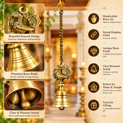 The Indian Aura Antique Gold Pure Brass Wall Hanging Bell | Traditional Decorative Bell for Home, Temple, Pooja Room & Entrance Décor