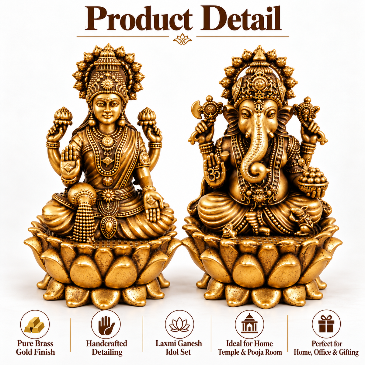 Antique Brass Laxmi Ganesh Idol Set for Home Temple, Pooja Room & Mandir | Handcrafted Laxmi Ganesh Statues for Home Décor & Office Desk | Diwali, Housewarming & Spiritual Gift | The Indian Aura