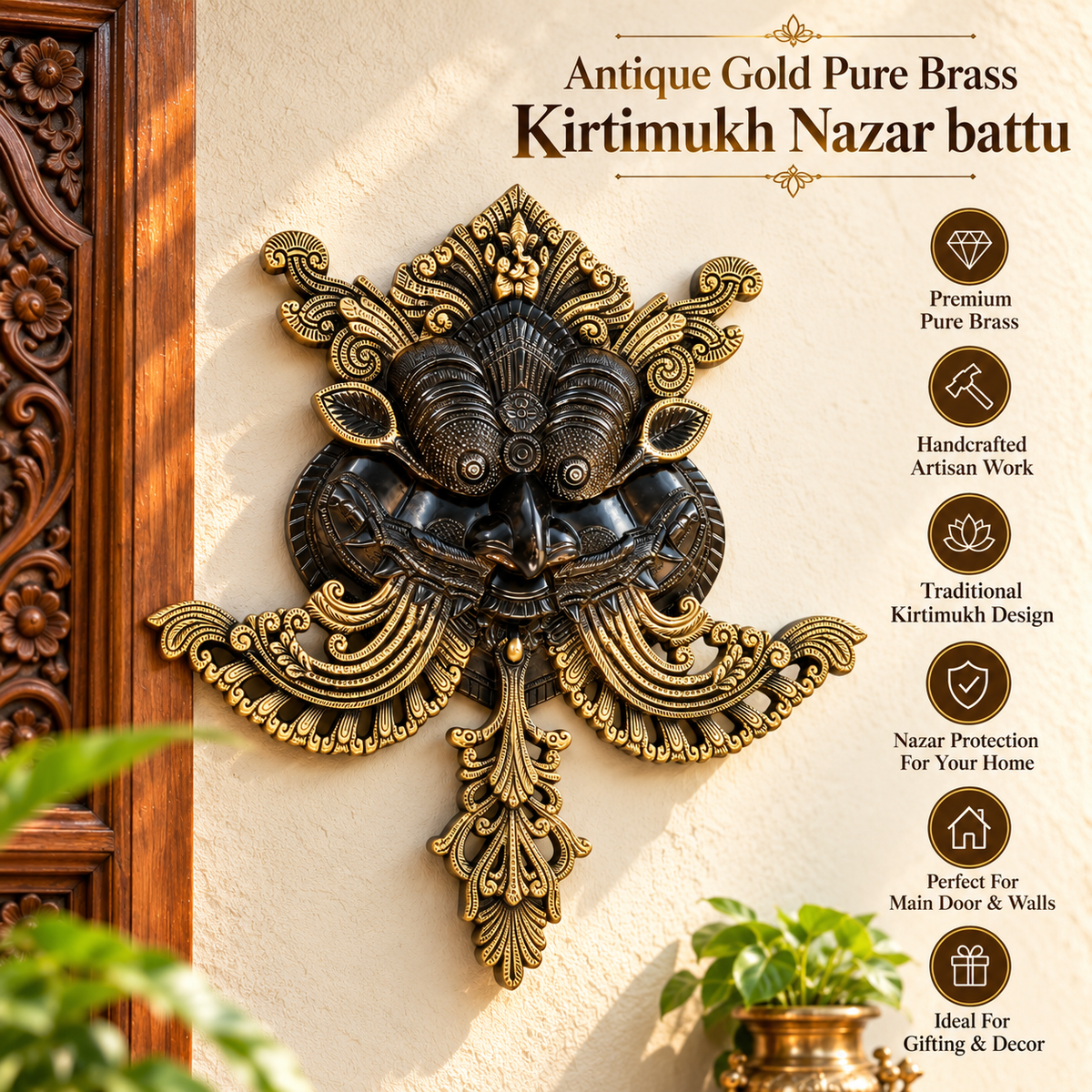 Antique Gold pure brass Kirtimukh Nazar Battu Hanging -Black Antique Finish | The Indian Aura