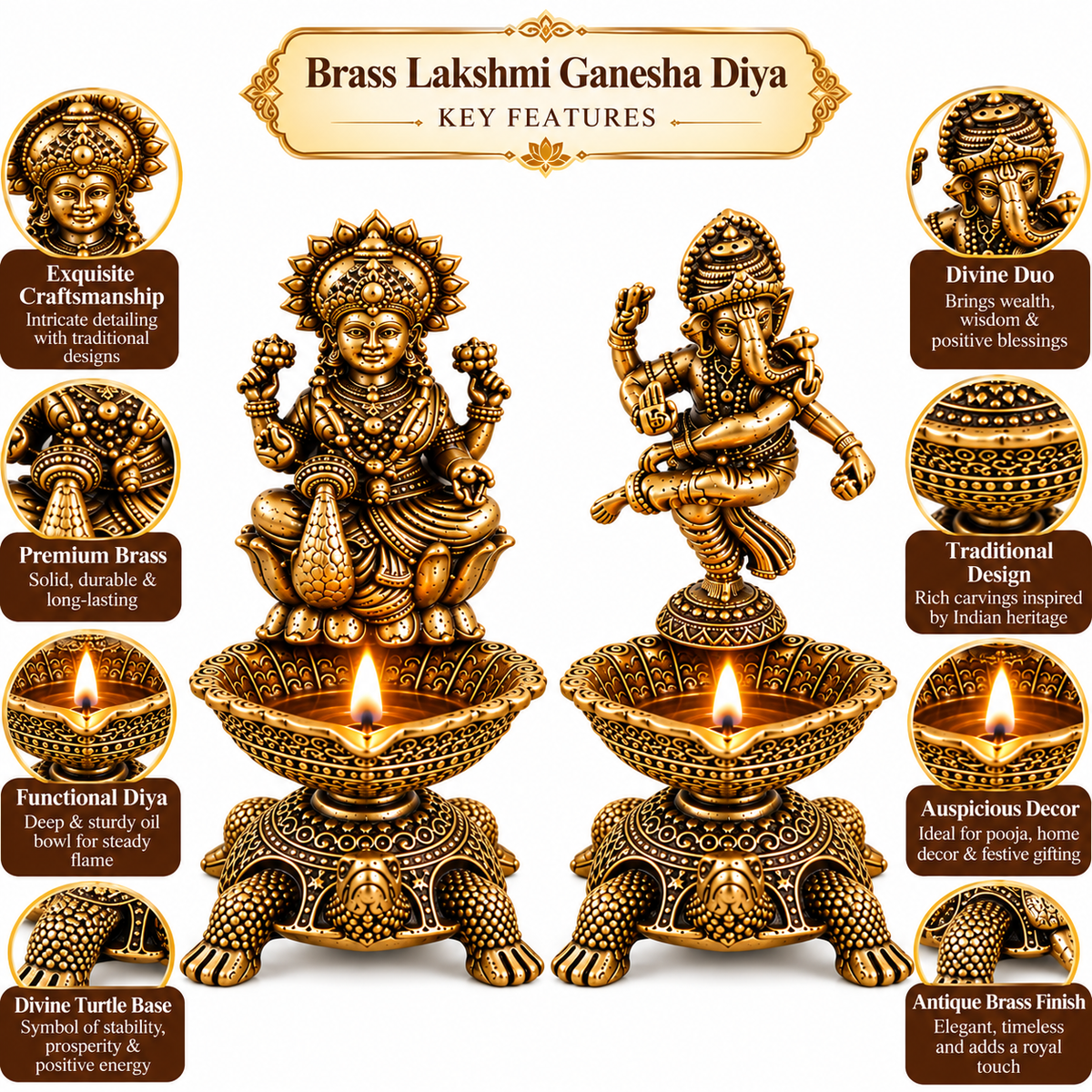 Pure Brass Laxmi Ganesha Pair Diya Oil Lamp Holder | Antique Gold Finish, Diya, Vastu Show piece, Puja Room Decor | The Indian Aura