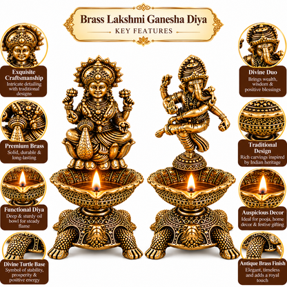 Pure Brass Laxmi Ganesha Pair Diya Oil Lamp Holder | Antique Gold Finish, Diya, Vastu Show piece, Puja Room Decor | The Indian Aura